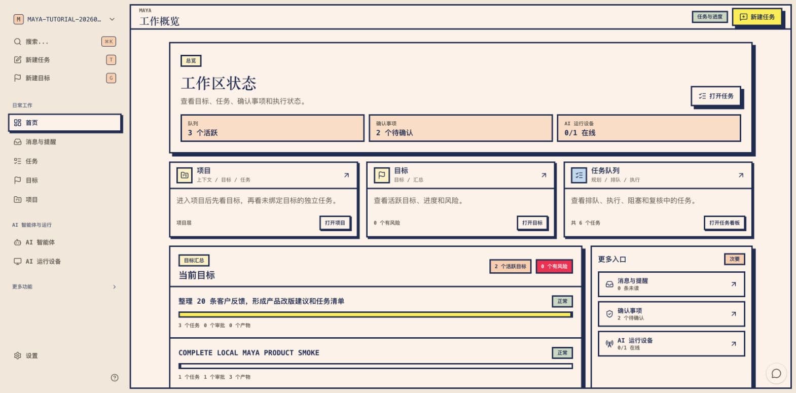 Maya 工作概览真实截图,显示项目、目标、任务、待确认事项和 AI 运行设备入口